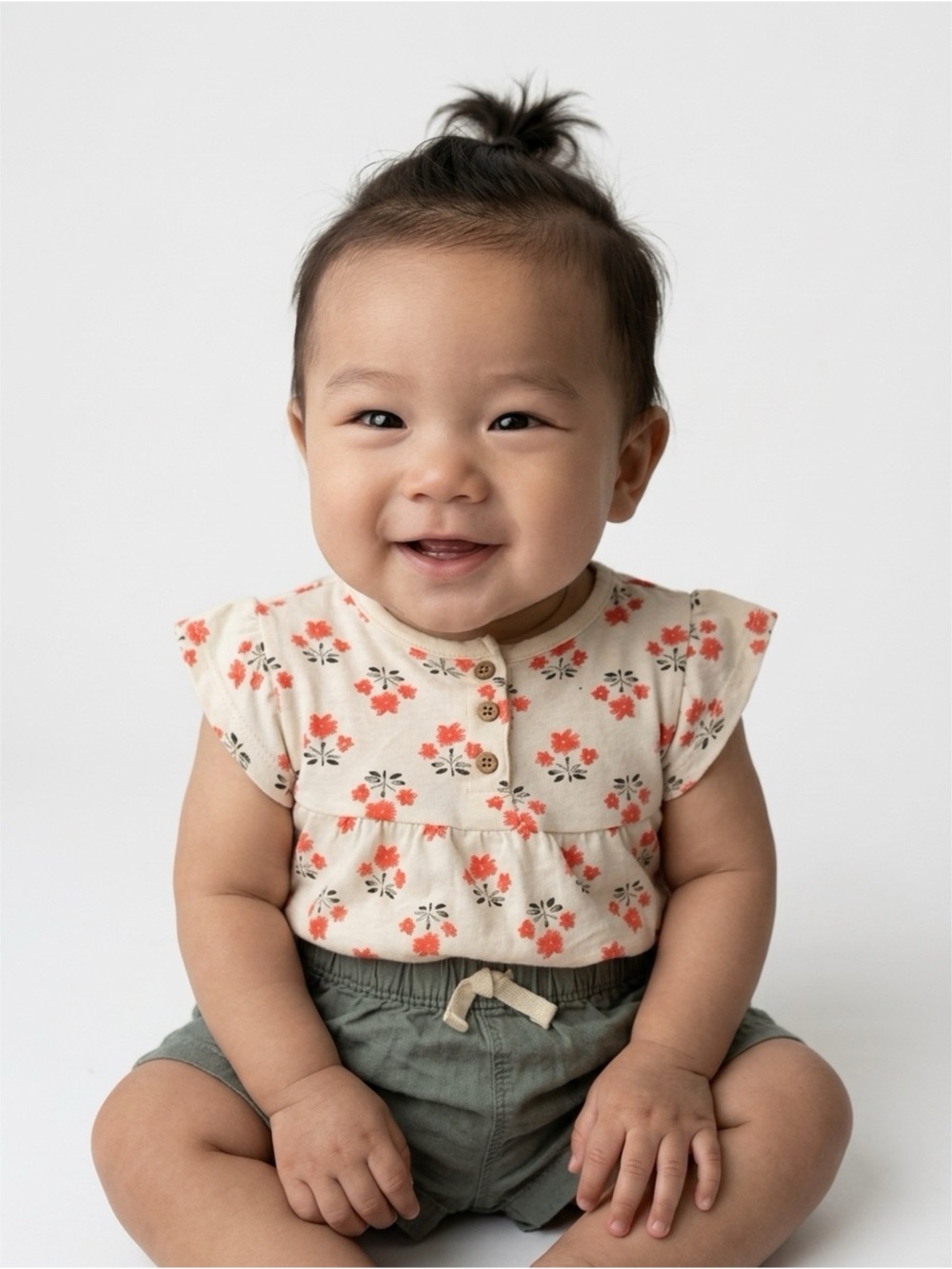 Carter's Cream Floral Top with Coral Flowers & Blue Chambray Shorts